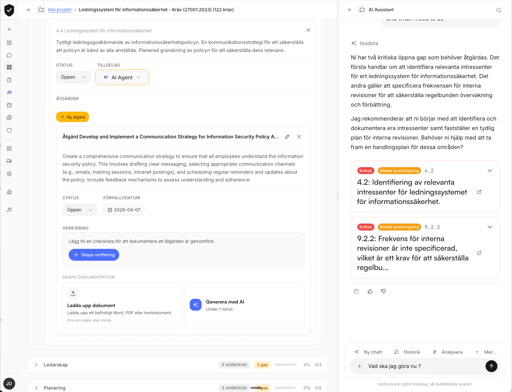 IsoDora Fit/Gap-analys - krav, åtgärder och AI-assistent för informationssäkerhetsledningssystem